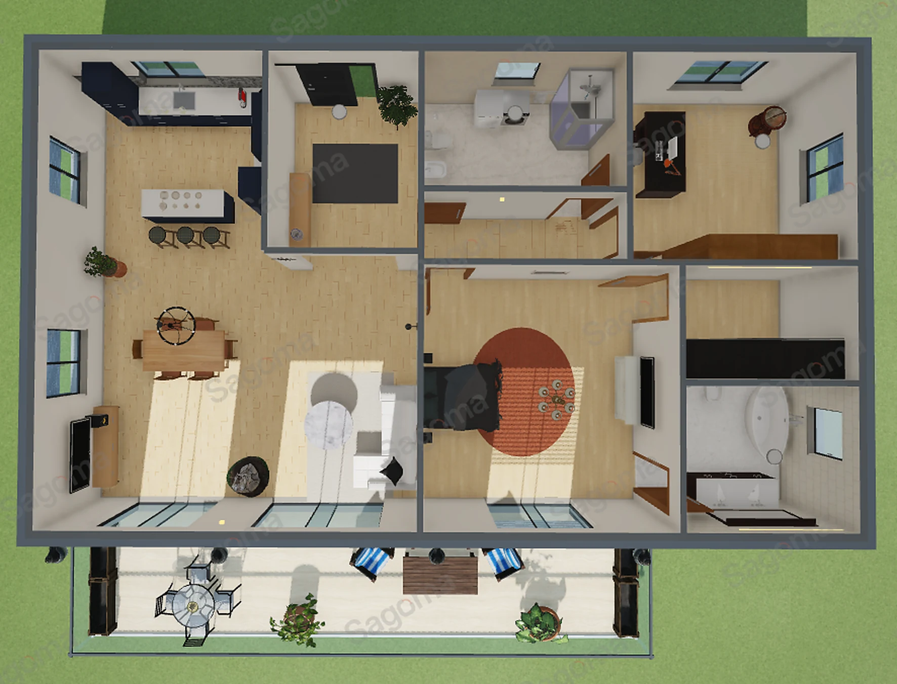 La stessa casa vista dall'alto in 3D, con i muri tagliati: tavolato chiaro, cucina blu con isola e sgabelli, tavolo da pranzo, divano bianco, letto su un tappeto rosso ovale, bagni in marmo e la terrazza con tavolino, poltrone a righe e piante. Il sole entra dalle porte finestre.