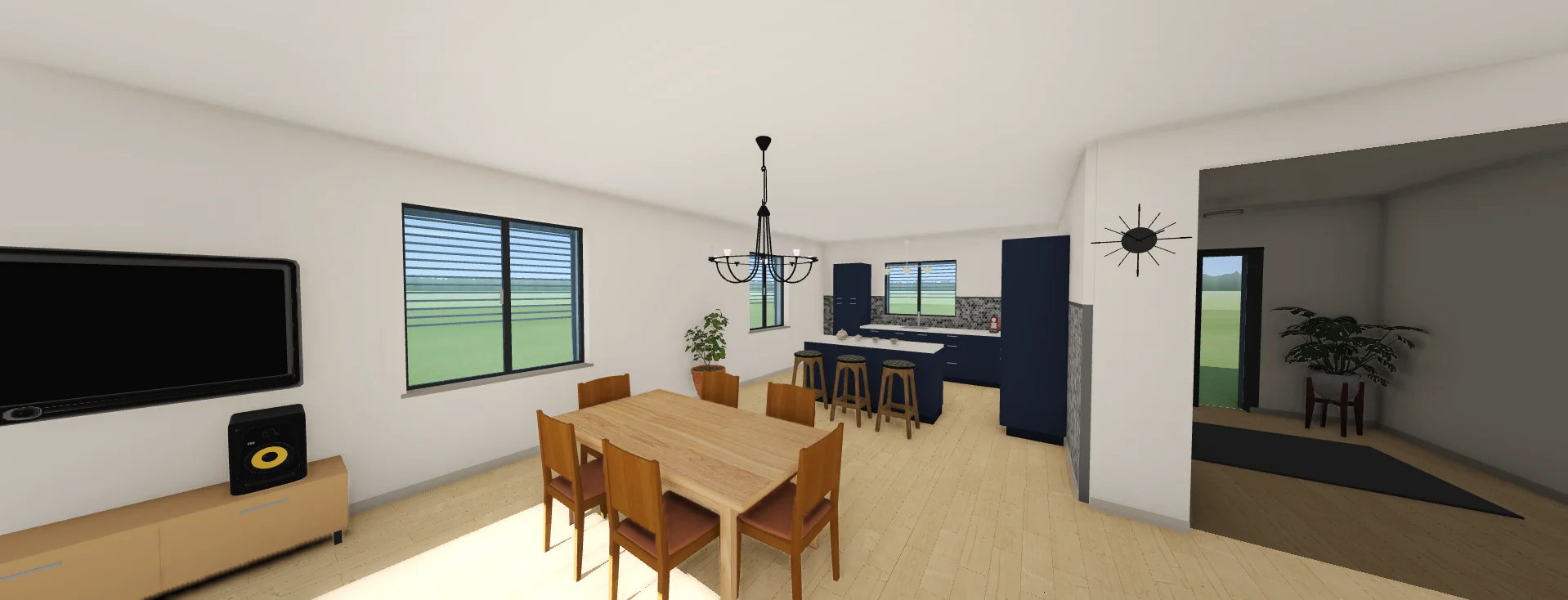 Il 3D di Sagoma camminando nel soggiorno, verso la cucina, a mezzogiorno: tavolo da pranzo con sei sedie, lampadario, televisione, cucina blu con isola e sgabelli.
